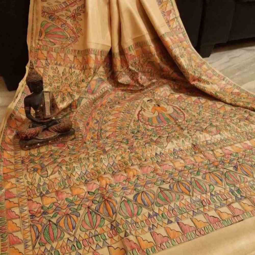 Tussar Saree with Madhubani Bride, Doli, and Kaahar Painting